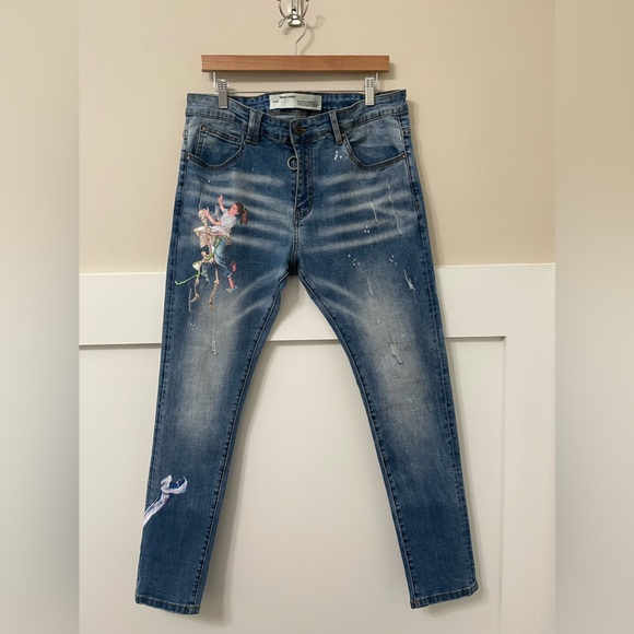 Off-White Designer Unique Denim Girl Skeleton Caution Graphic Jeans Size 36 - Picture 3 of 17